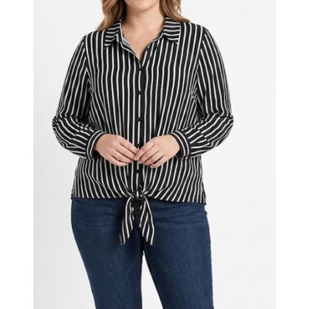 Susan Graver Button Down 18W Black White Striped Front Tie Liquid Knit Blouse